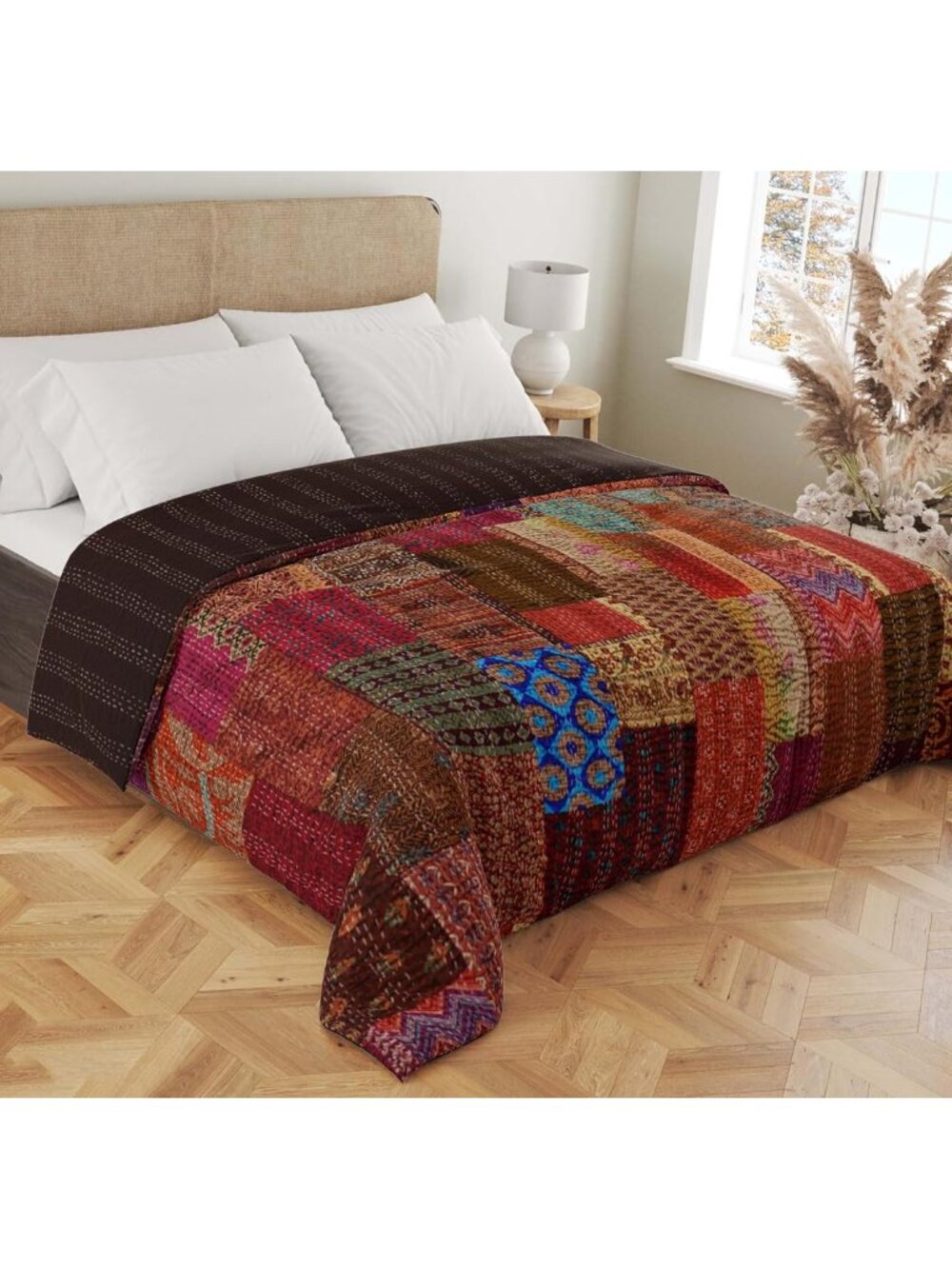 Quilts Indian Handmade Indian Traditional Blankets, Reversible, Indian Silk Sari